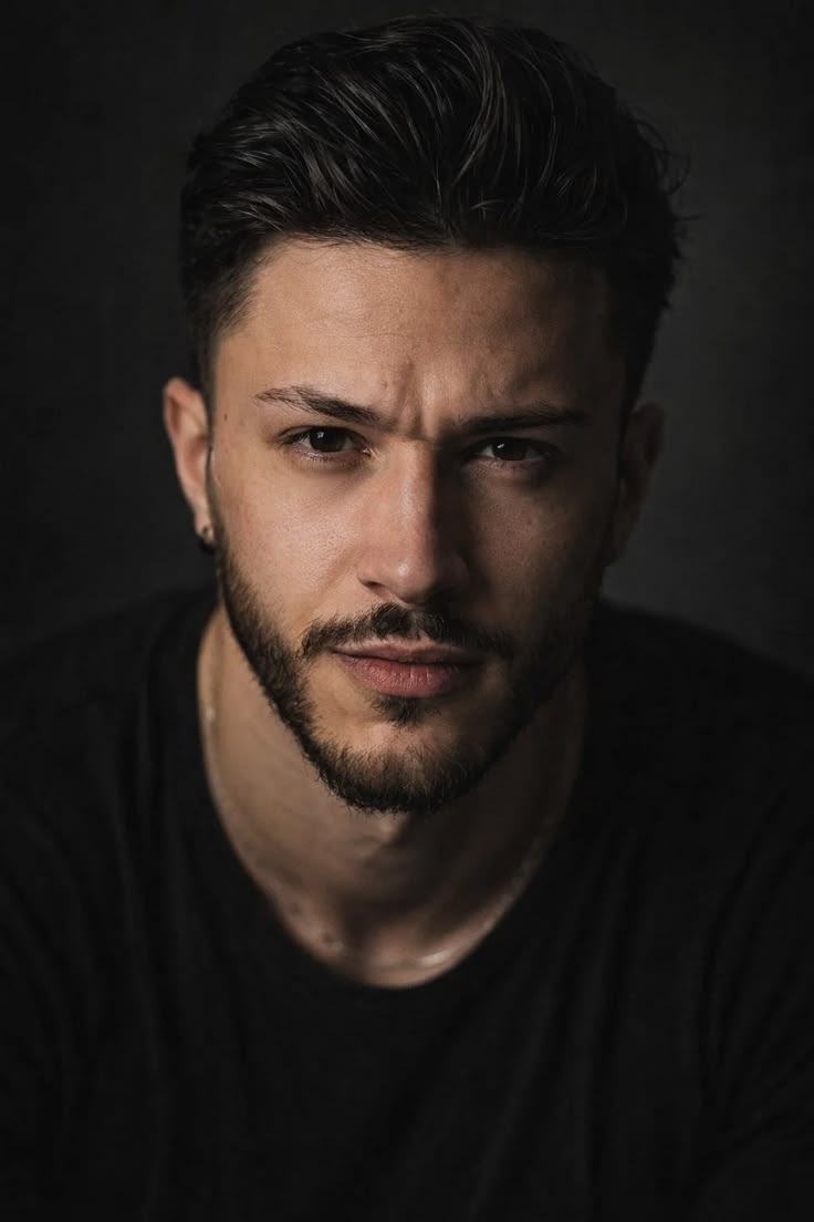 hyper-realistic intense studio headshot portrait of [SUBJECT: young man mid 20s, — DALL-E AI Prompt