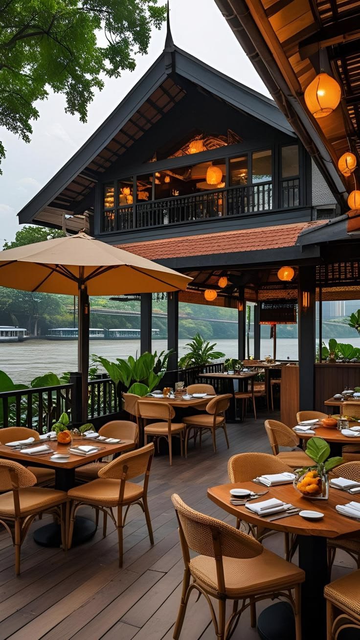 Photorealistic ultra-detailed luxury riverside Thai restaurant exterior terrace, — DALL-E AI Image Prompt