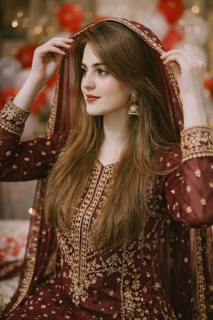cinematic bridal maroon gold salwar dupatta overhead portrait of [SUBJECT: beaut — DALL-E AI Image Prompt