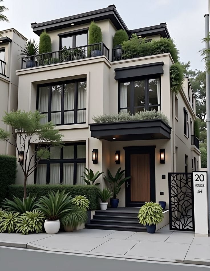 Photorealistic modern luxury three-story townhouse, exterior front view, eye-lev — DALL-E AI Image Prompt