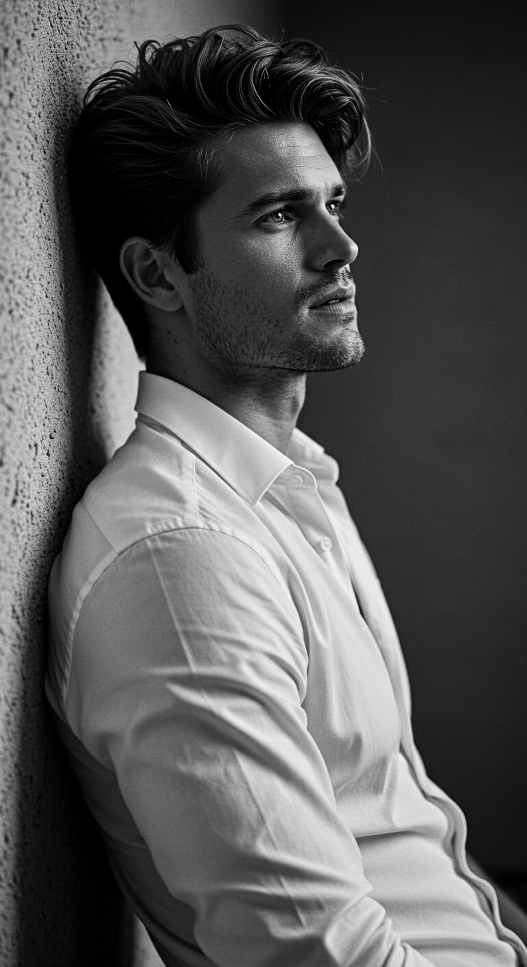 Photorealistic black and white cinematic portrait of a contemplative man leaning — DALL-E AI Image Prompt