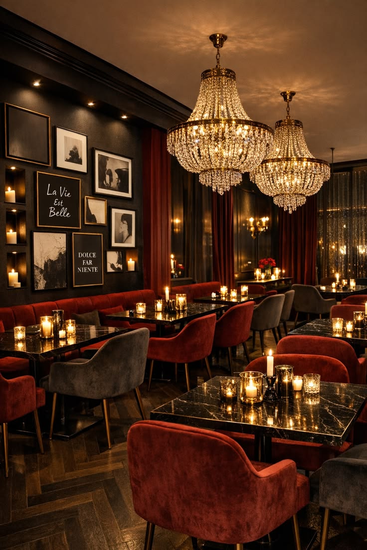 Photorealistic ultra-detailed luxury moody French-Italian bistro interior at nig — DALL-E AI Image Prompt
