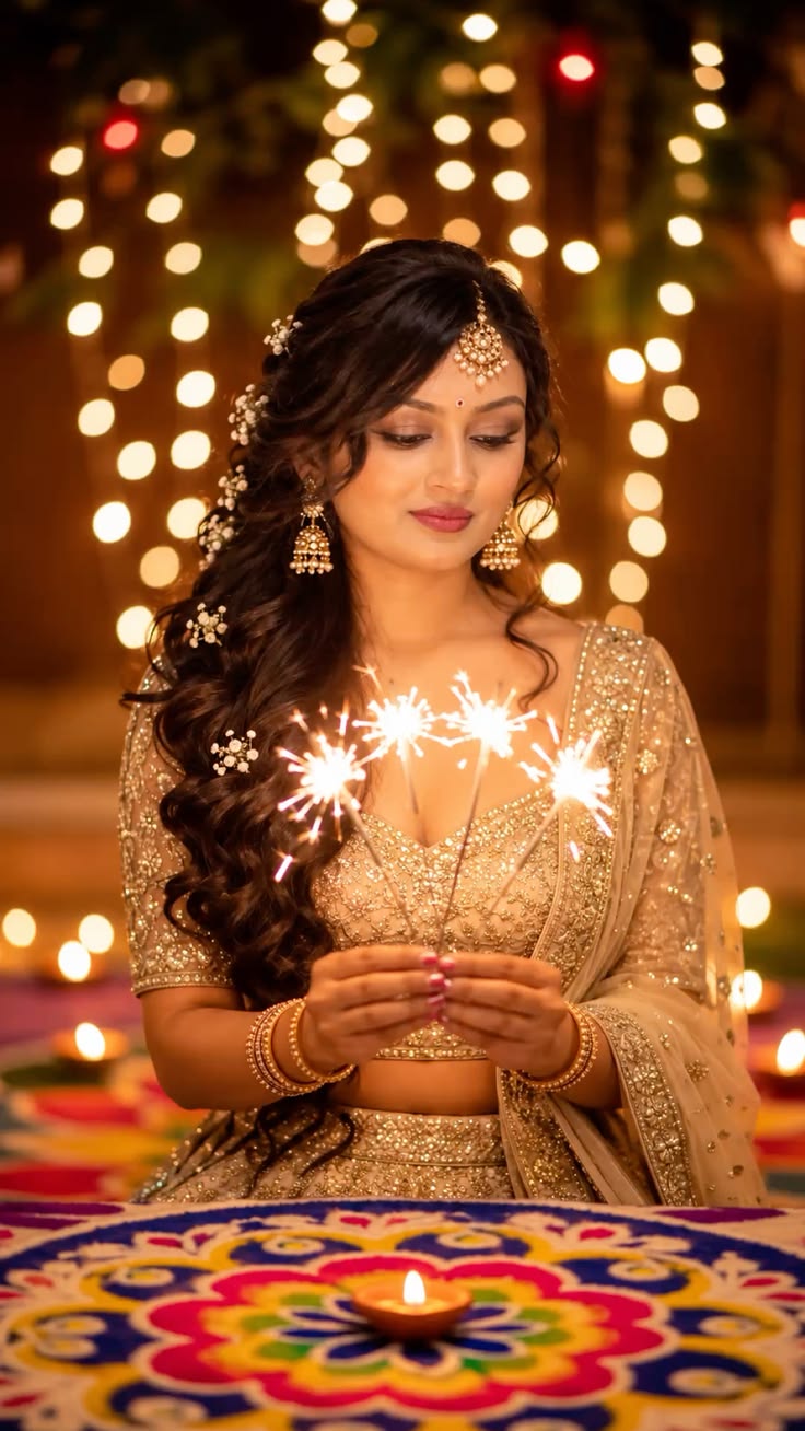 cinematic Diwali festive portrait of [SUBJECT: beautiful Indian woman in golden  — DALL-E AI Image Prompt