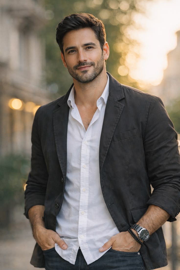 Photorealistic smart casual portrait of a stylish man outdoors at golden hour, w — DALL-E AI Image Prompt