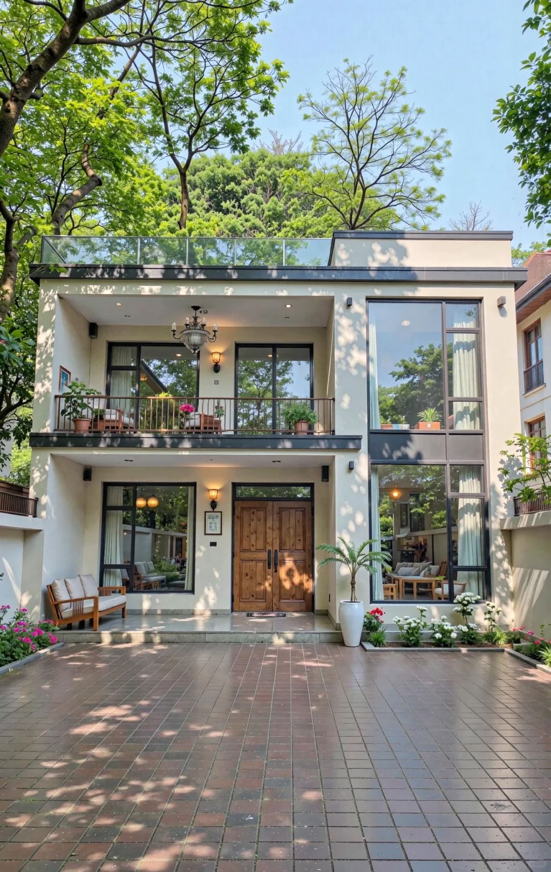 Photorealistic modern two-story villa, exterior front view, eye-level, bright su — DALL-E AI Image Prompt