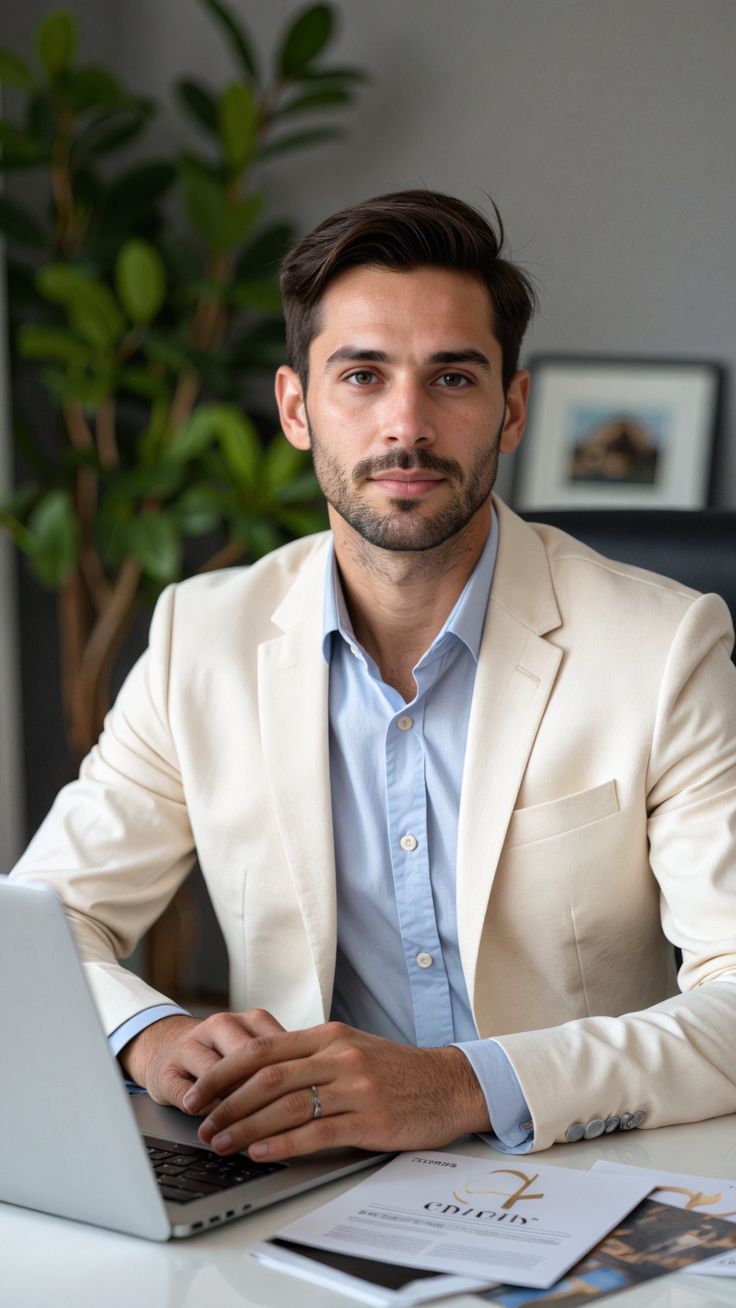 Professional portrait of a young businessman in a modern office, eye-level, medi — DALL-E AI Image Prompt