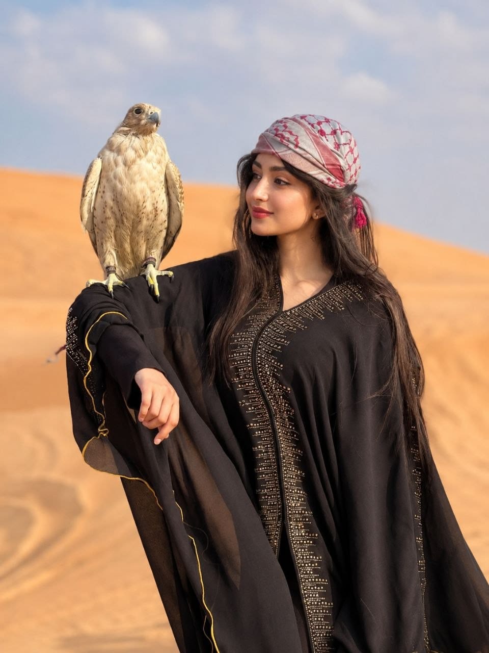cinematic luxury Dubai desert portrait of [SUBJECT: beautiful young Arab woman w — DALL-E AI Image Prompt