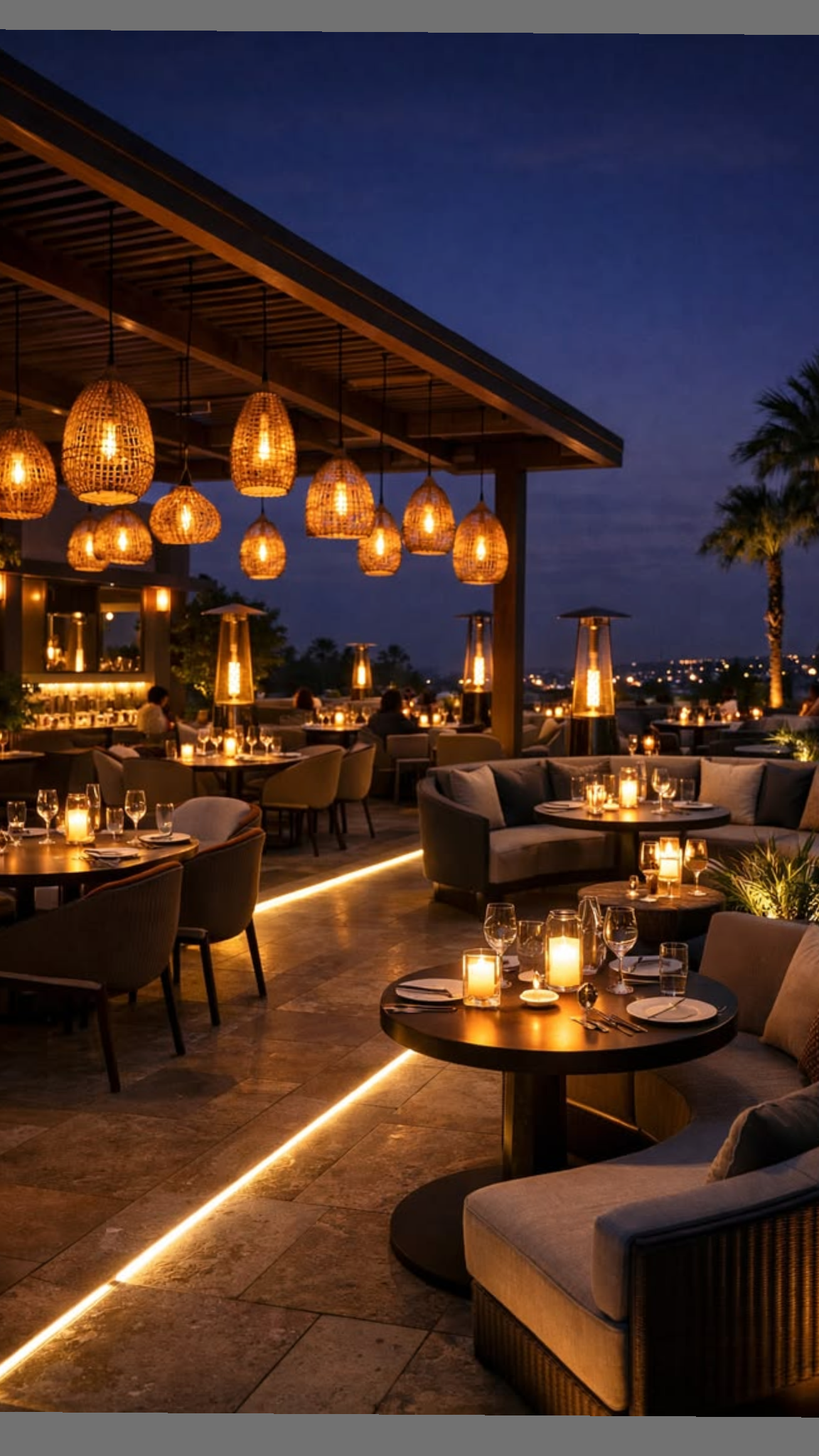 Photorealistic ultra-detailed luxury rooftop restaurant at blue hour night, roma — DALL-E AI Image Prompt