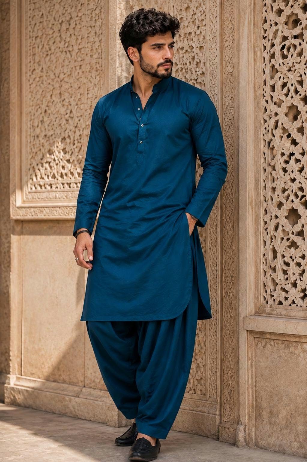 cinematic teal blue pathani kurta patiala carved wall portrait of [SUBJECT: hand — DALL-E AI Image Prompt