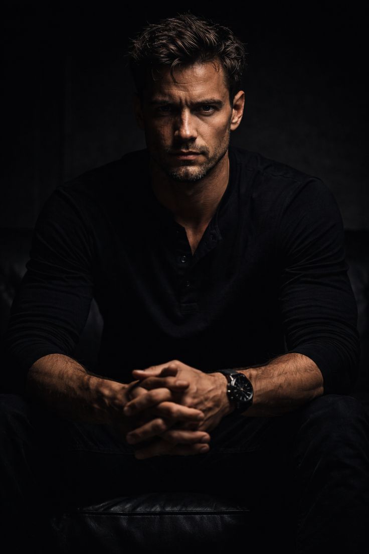Photorealistic moody portrait of a man sitting in darkness, eye-level, medium sh — DALL-E AI Image Prompt