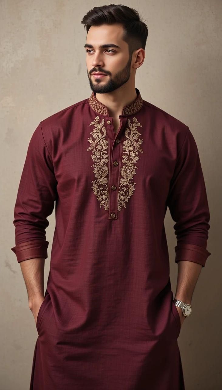 cinematic studio mens maroon short kurta zari embroidery portrait of [SUBJECT: h — DALL-E AI Image Prompt