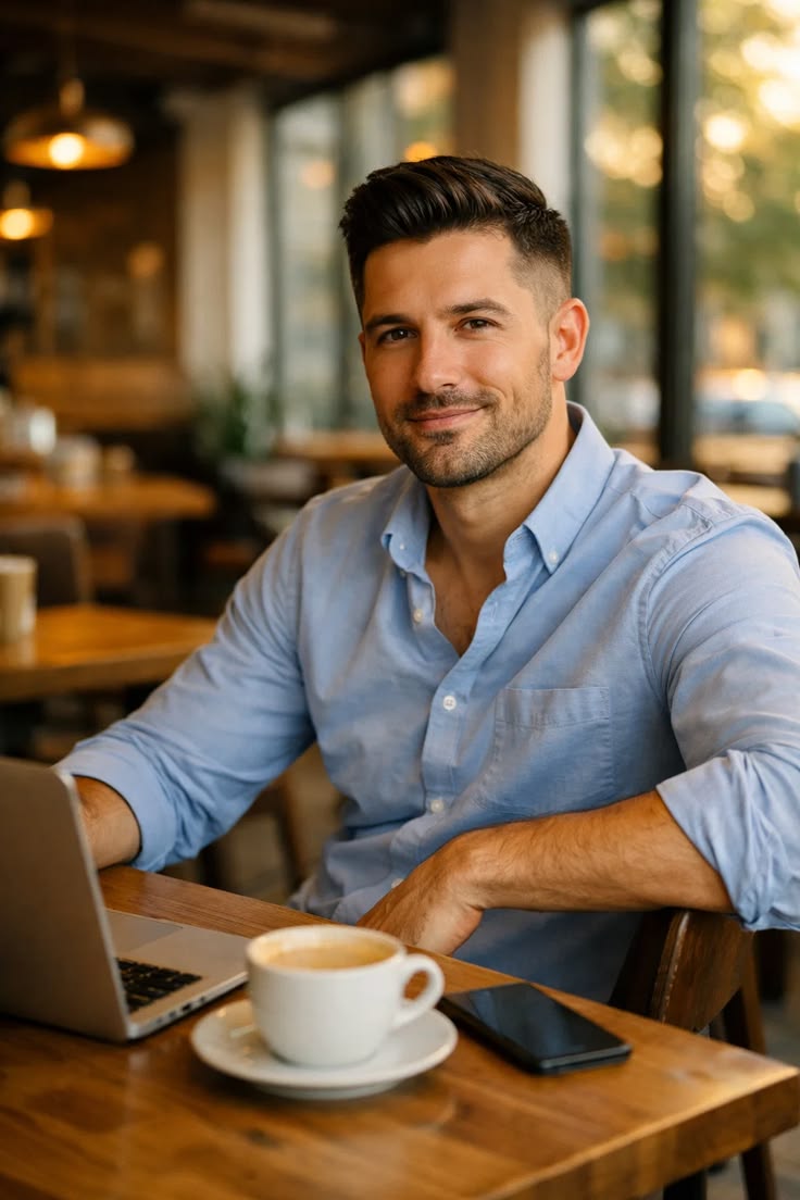 Photorealistic lifestyle portrait of a handsome businessman working in a cozy ca — DALL-E AI Image Prompt