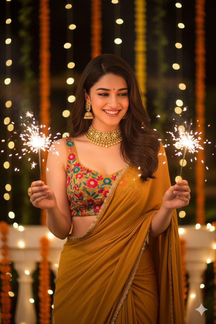 cinematic Diwali double sparkler mustard saree portrait of [SUBJECT: beautiful I — DALL-E AI Image Prompt