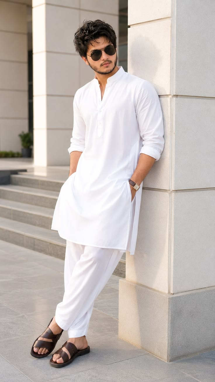 cinematic all white kurta pajama sunglasses pillar lean portrait of [SUBJECT: ha — DALL-E AI Image Prompt