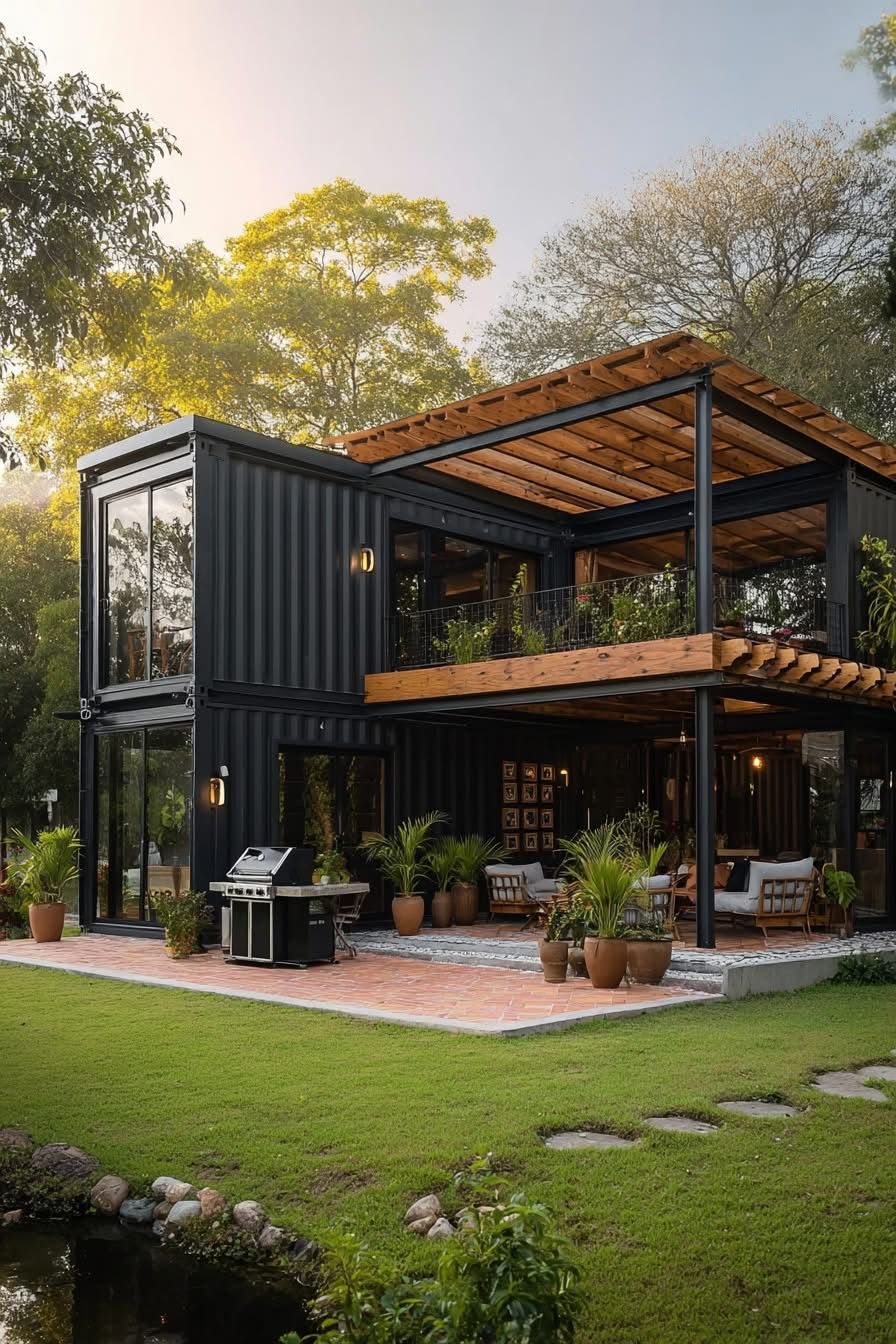 Photorealistic modern two-story black shipping container house, exterior front t — DALL-E AI Image Prompt
