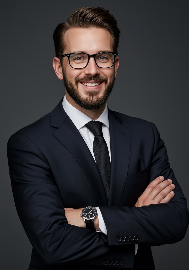Photorealistic professional corporate headshot of a businessman, chest-up, three — DALL-E AI Image Prompt