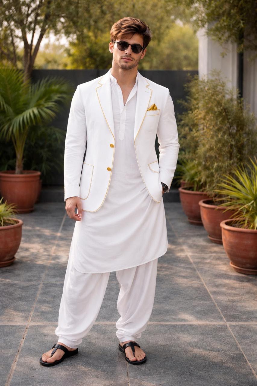 cinematic white blazer gold piping patiala kurta portrait of [SUBJECT: handsome  — DALL-E AI Image Prompt