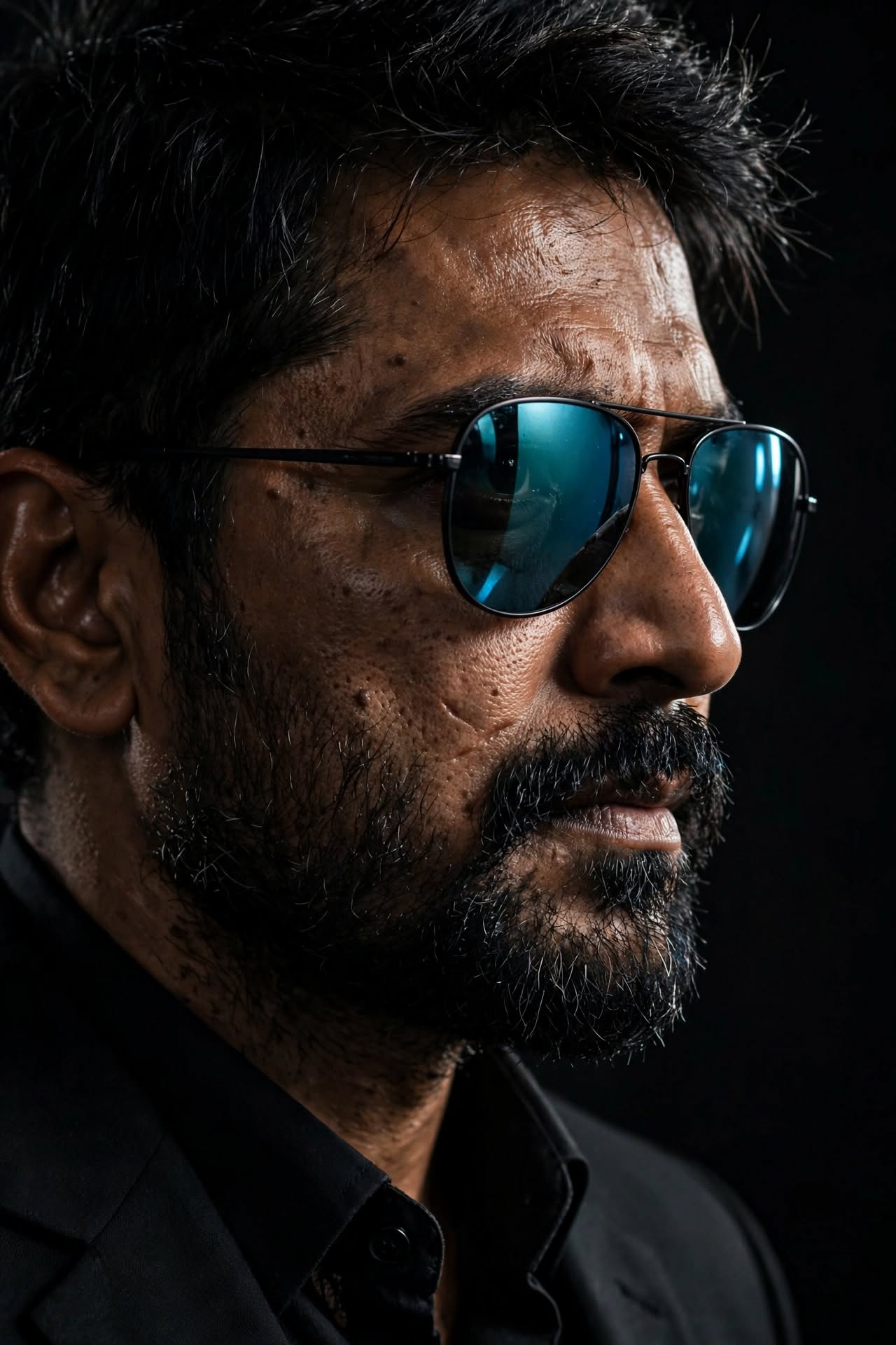 Ultra-realistic close-up cinematic portrait, stylish rugged Indian man in a refi — Google Gemini AI Prompt